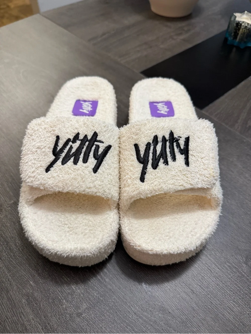 YITTY Cream Terry-Textured Platform Slide Sandals with Black Logo